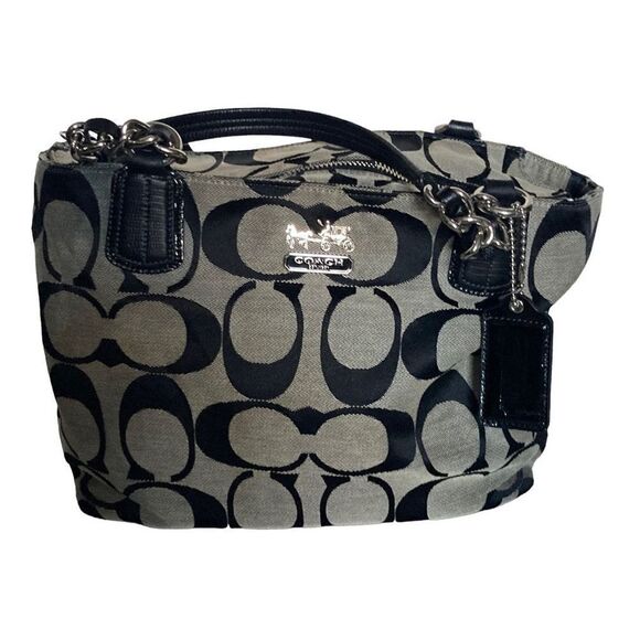 COACH Signature Classic Canvas & Leather Handbag 18738 Gray & Black - Picture 1 of 12